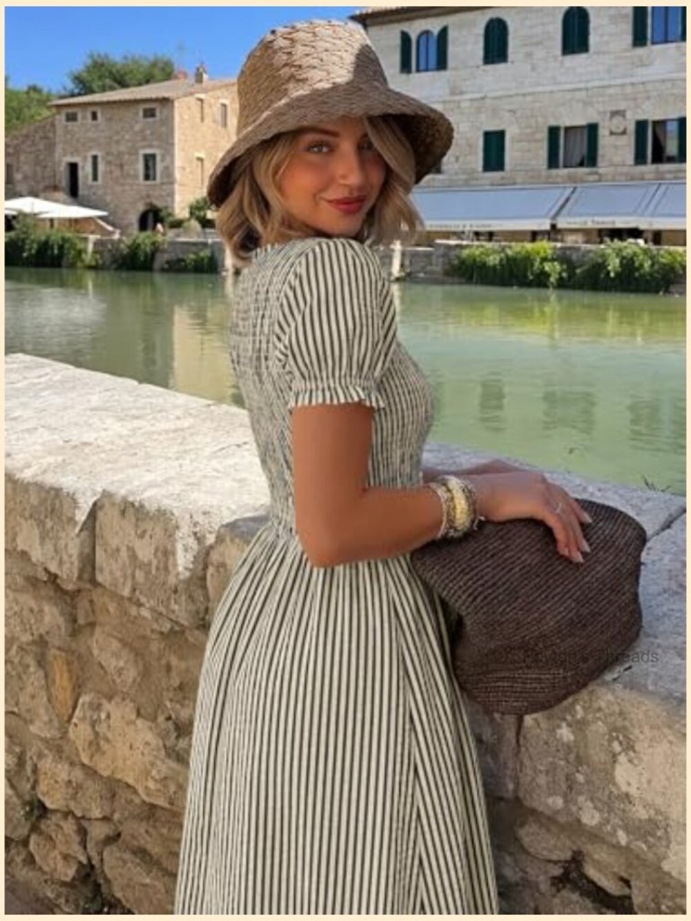 Smocked Midi Dress with Puff Short Sleeves and Striped Pattern - Picture 4 of 7
